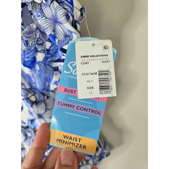 Swim Solutions Blue Floral Stretch Tummy Control One Piece Swimsuit Size 12 NEW - Picture 6 of 8